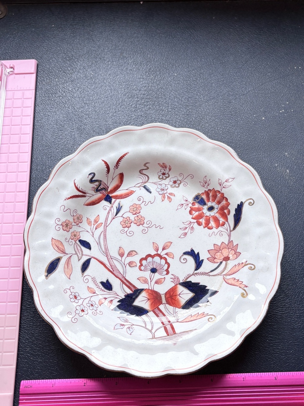Decorative Floral Scalloped Ceramic Serving Plate - Pink & Navy